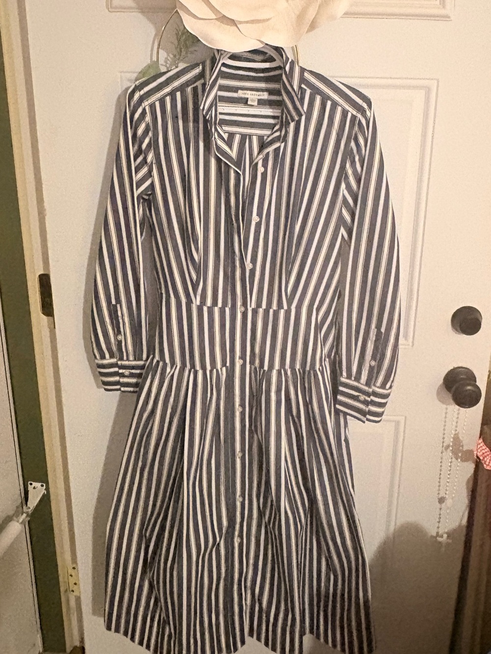 Striped Long Sleeve Button-Up Midi Dress in Navy and White
